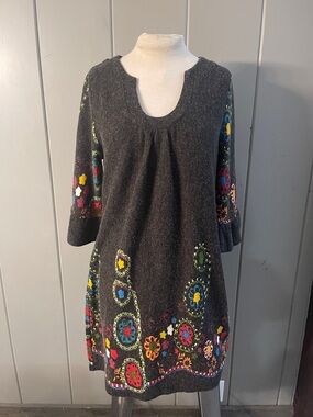 Aryeh Anthropologie Dress XL Gray Modern Boho Floral Cottagecore Flowers Artsy